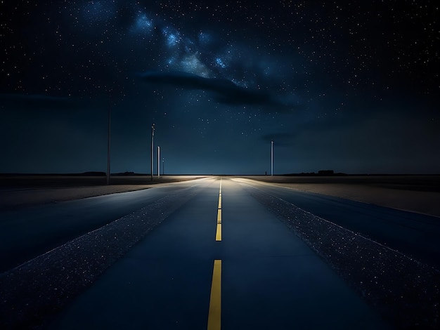 Pavimento stradale in cemento scuro con orizzonte del cielo notturno