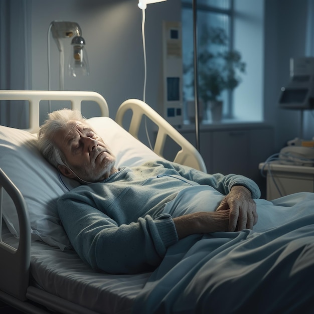 Paziente anziano che dorme sul letto nel reparto ospedaliero Uomo in riabilitazione Stanza d'ospedale Ai generativa