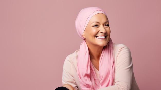 Paziente di cancro di mezza età che indossa un velo e sorride su uno sfondo rosa creato con la tecnologia Generative AI