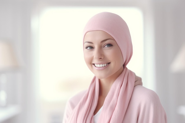 Paziente di cancro felice donna sorridente dopo il trattamento di chemioterapia nel dipartimento di oncologia dell'ospedale
