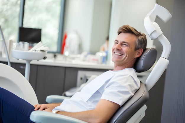 paziente felice su una sedia dentale in una clinica dentale