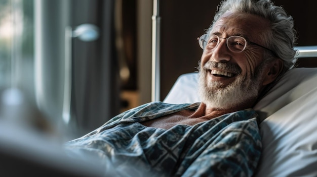 Paziente maschio anziano sdraiato soddisfatto sorridendo al letto di un paziente ospedaliero moderno