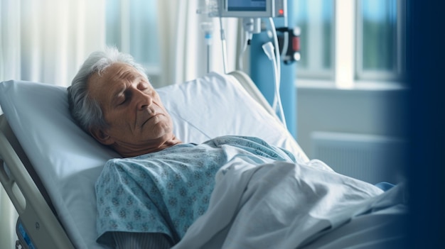 Paziente maschio malato nel letto d'ospedale in convalescenza da una malattia mentre giaceva sul letto d'ospedale con una flebo in mano