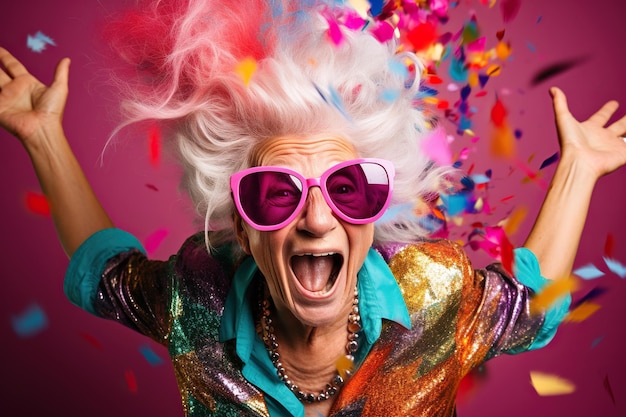 Pazza donna anziana che si diverte facendo festa durante le vacanze