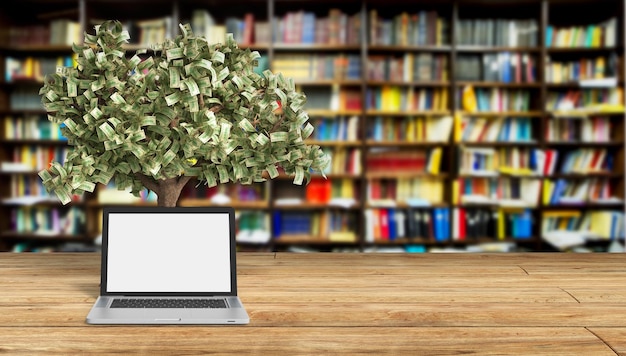 Pc a schermo nero vuoto con sfondo di biblioteca dell'albero del denaro rendering 3D concetto di conoscenza di successo