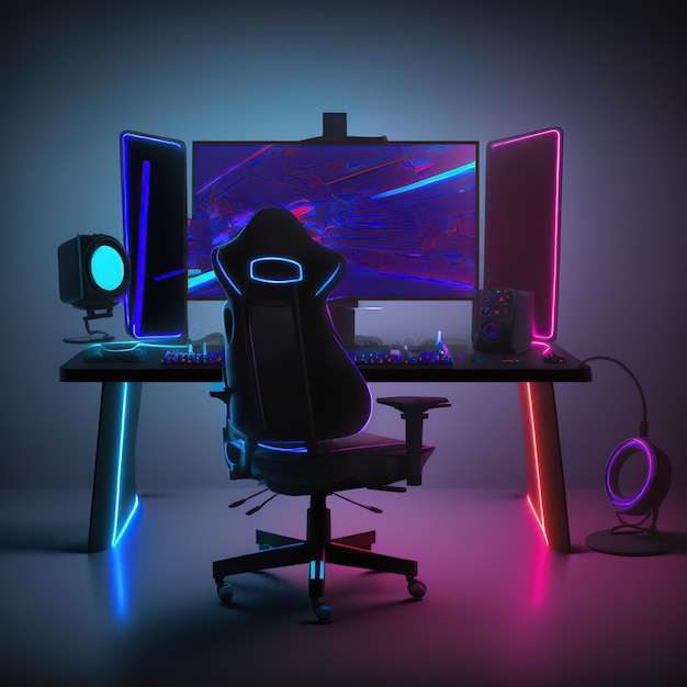 PC da gioco per computer sul tavolo da gioco in una stanza buia con luci al neon viola e illustrazione 3d della sedia da gioco