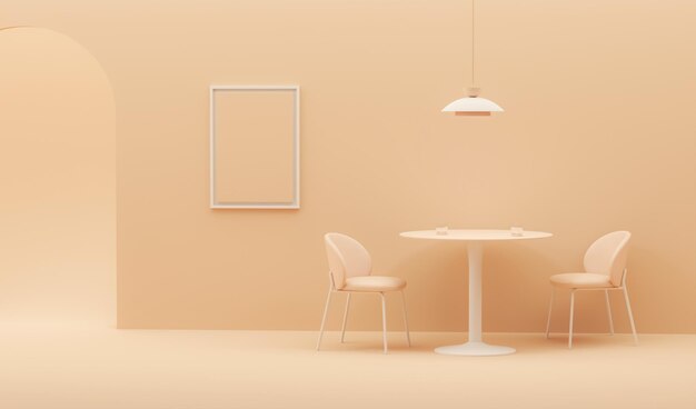 Peach fuzz 2024 color trend living con tavolo a cerchio e cornice della porta della lampada sulla parete