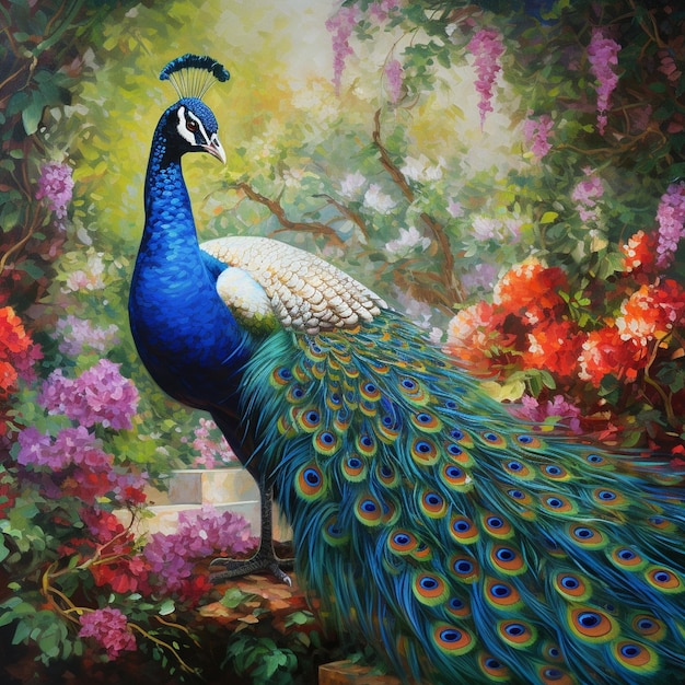 Peacock in tutto il corpo bellissimo sfondo di giardino stile Claude Monet pittura a colori vivaci