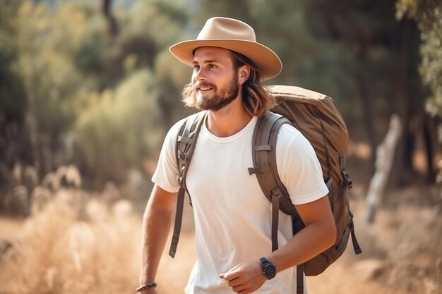 Peak Triumph Man con attrezzatura da trekking in piedi in cima a una montagna Ai generativa