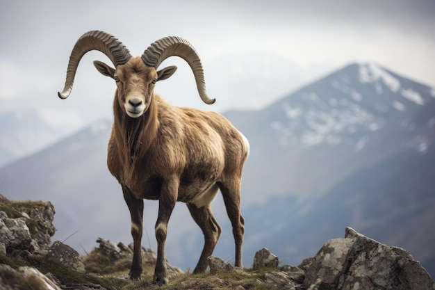 Pecora barbara Ovis orientalis nelle montagne Una pecora barbara Capra ibex sul pendio di una montagna AI Generato