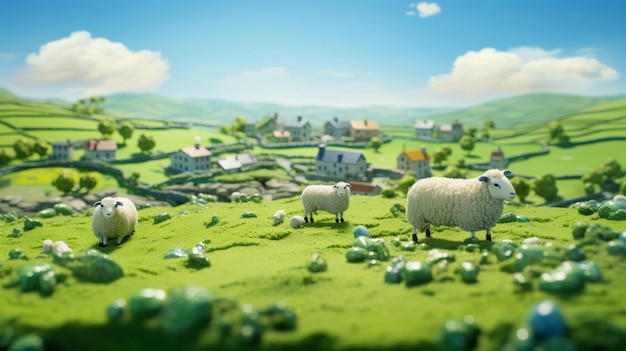 Pecore 3d Delicatamente Rese In Un Paesaggio Collinare Toylike