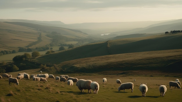 Pecore al pascolo sulle colline della campagna inglese