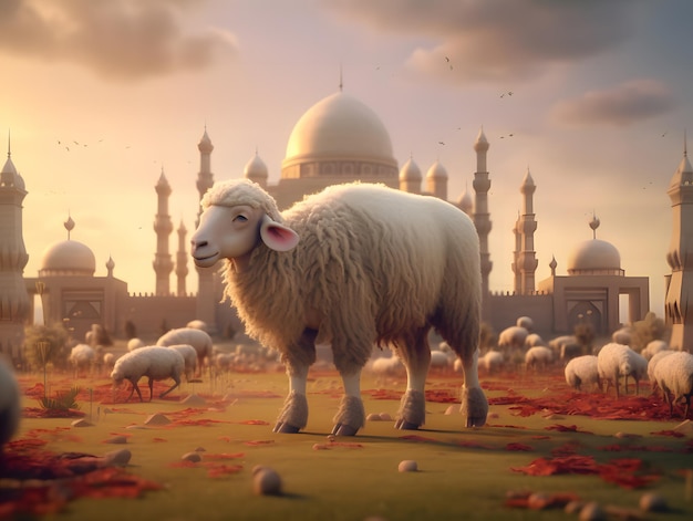Pecore davanti a una moschea con una moschea sullo sfondo
