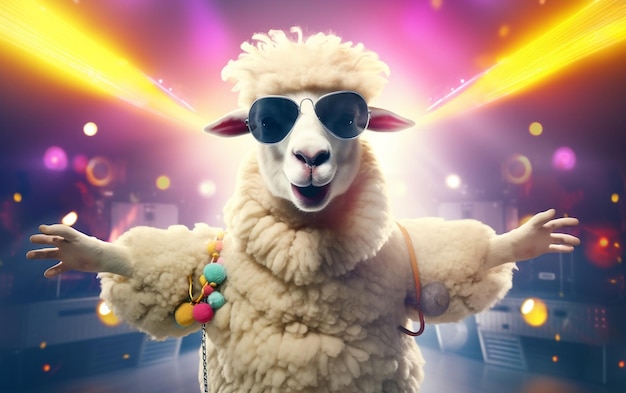 Pecore gioiose che ballano in abiti da discoteca sulla pista da ballo IA generativa