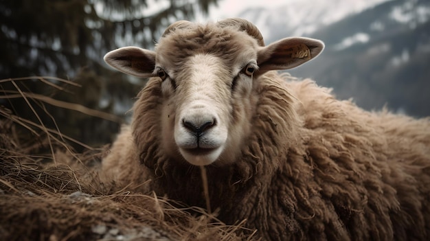 Pecore in montagna con la parola pecore sul davanti