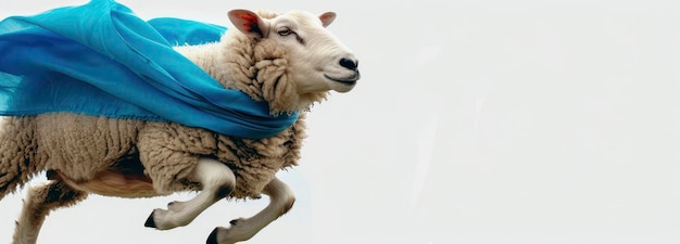 pecore supereroe che volano su uno sfondo bianco mentre indossano un mantello blu