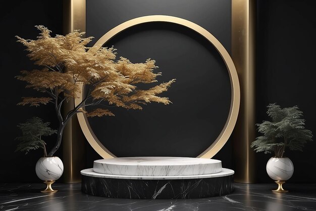 Pedestal di marmo rotondo circondato da alberi cornici d'oro e sfondo è pietra nera Pedestal può essere utilizzato per commerciale minimalista nero isolato su sfondo nero rendering 3D