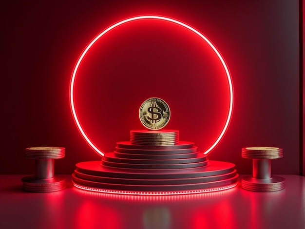 Pedestal e monete da un dollaro con moderne luci al neon rosse futuristiche Spazio vuoto per logo o testo 3D