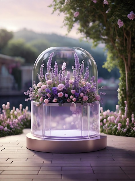 Pedestal per l'esposizione di prodotti sfondo ambientale floreale con foglie e fiori