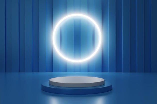 Pedestal podium product presentation with white neon ring light blue background composition