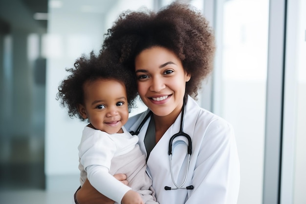 Pediatra o dottoressa afroamericana che tiene in braccio un bambino in un ospedale IA generativa