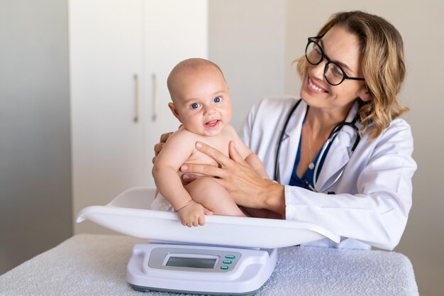 Pediatra sorridente che pesa un bambino carino