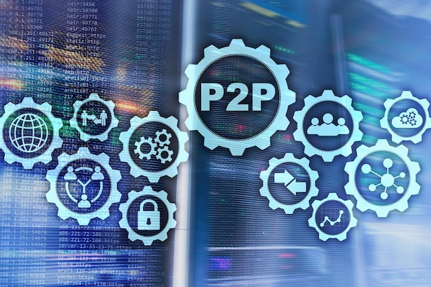 Peer to peer P2P sullo schermo virtuale con lo sfondo della sala server