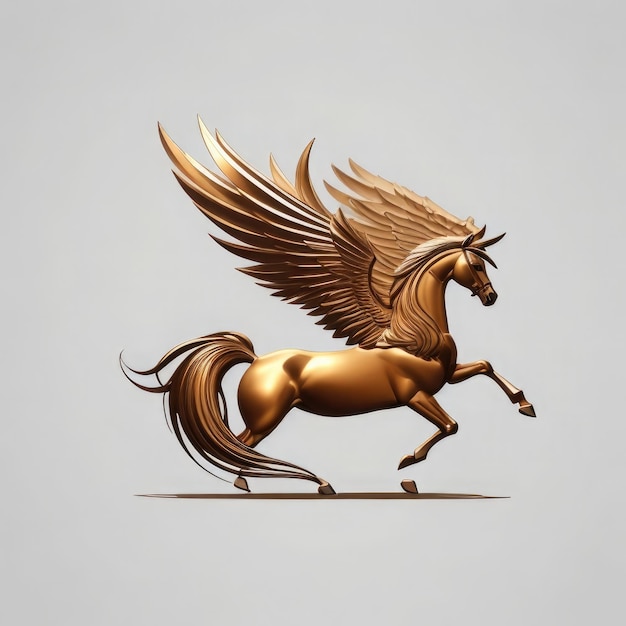 Pegasus dorato con le ali su uno sfondo grigio rendering 3D