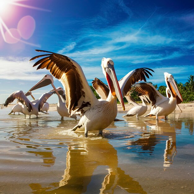 Pelicani in acqua in una giornata di sole