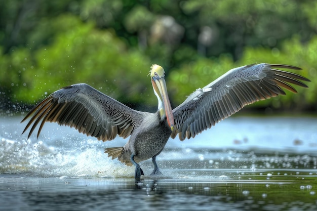 Pelicano che atterra sull'acqua Isola degli uccelli Indian River Lagoon Florida USA