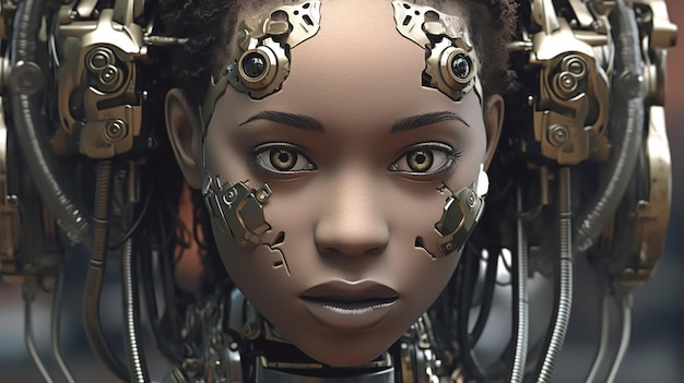 Pelle scura Ragazza robot umanoide con viso realistico e meccanismi metallici in primo piano