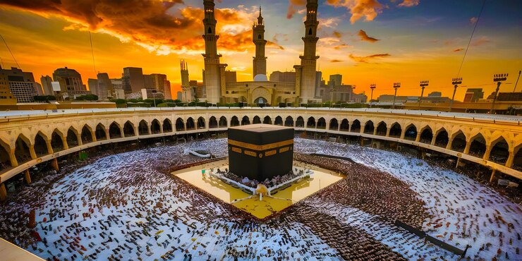 Pellegrini musulmani alla Kaaba nella Moschea Haram della Mecca