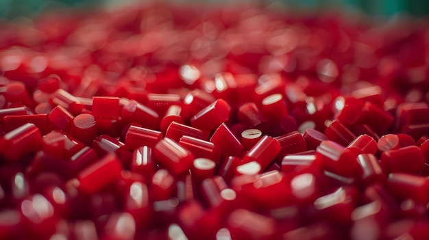 Pellets di plastica rossa Sfondio Closeup Granuli di plastica Polimero perle di plastica polimero di resina