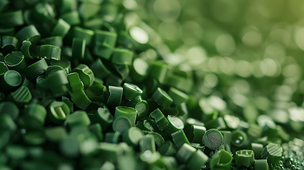 Pellets di plastica verde Sfondio Closeup Granuli di plastica Perle di plastica polimero polimero resina