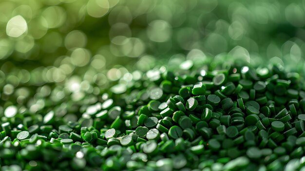 Pellets di plastica verde Sfondio Closeup Granuli di plastica Perle di plastica polimero polimero resina