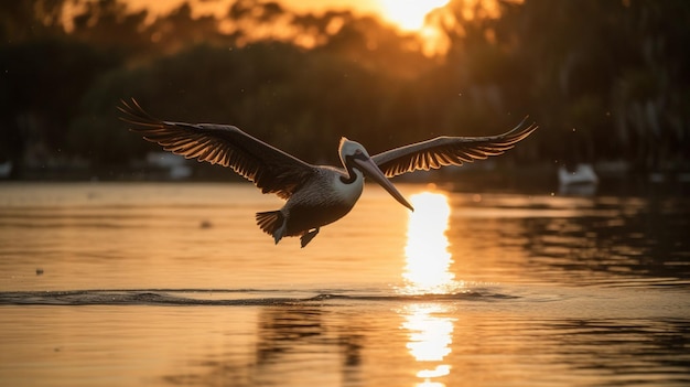 Pellicano che vola sopra l'acqua al tramonto