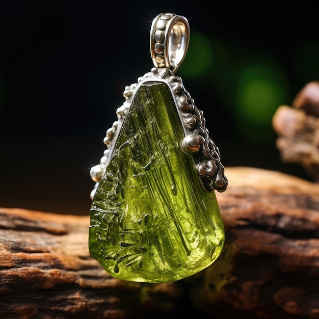 Pendente di moldavite da vicino