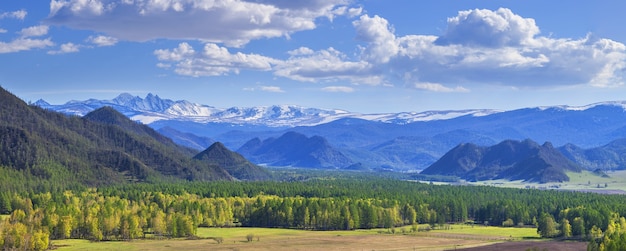 Pendii montani primaverili e pittoresco cielo con nuvole bianche