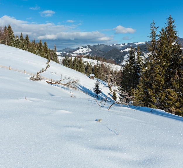 Pendio della collina innevato rurale della montagna di inverno