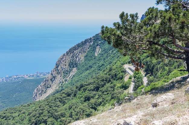 Pendio di montagna con una strada vicino alla costa del mare