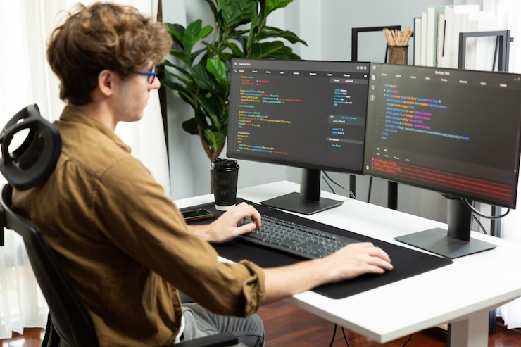 Photo pengembang ti yang stres dan terlalu banyak bekerja dalam membuat kode perangkat lunak online gusher