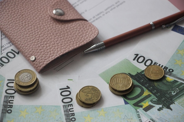 Penna a portafoglio in pelle rosa Banconote e monete da 100 euro Concetto di denaro
