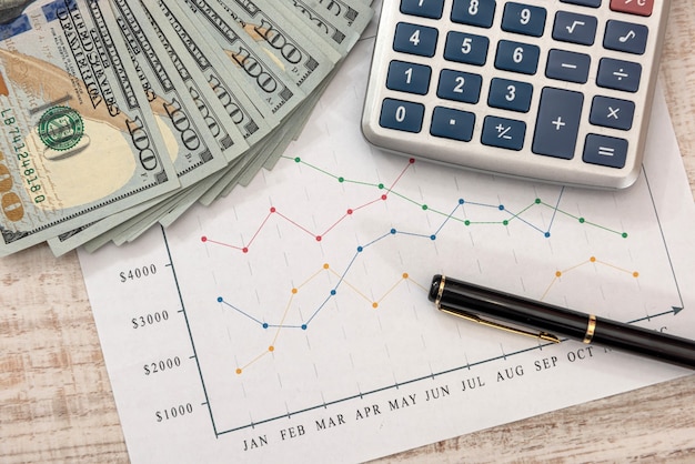 Penna e calcolatrice del dollaro dei grafici di affari. Concetto di analisi dei dati finanziari