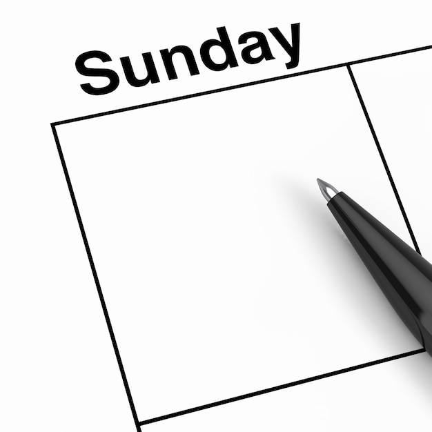 Penna nera sulla cella di pianificazione del calendario domenicale con spazio vuoto per il tuo primo piano estremo di progettazione. Rendering 3D