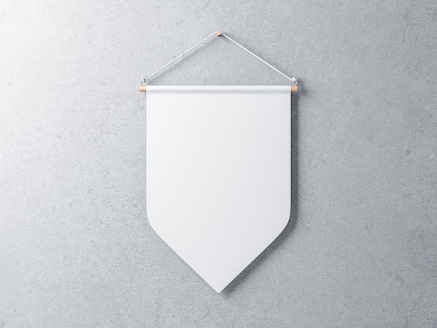 Pennant bianco appeso a un muro di cemento grigio, rendering 3d