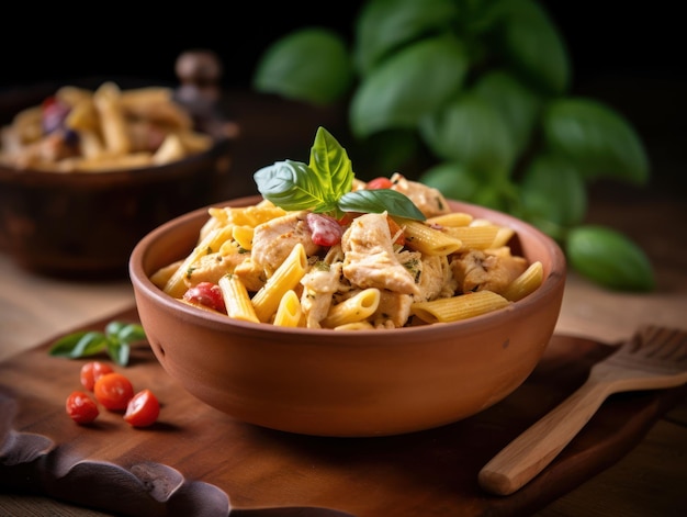 Penne al sugo di pomodoro con pollo in ciotola IA generativa