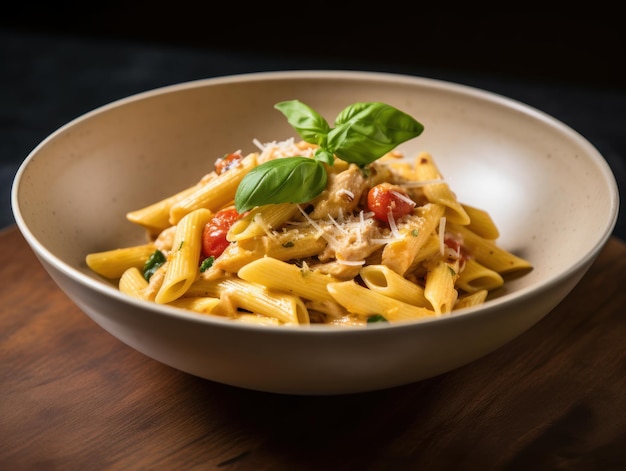 Penne al sugo di pomodoro con pollo in ciotola IA generativa