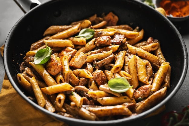 Penne di pasta con funghi e salsa