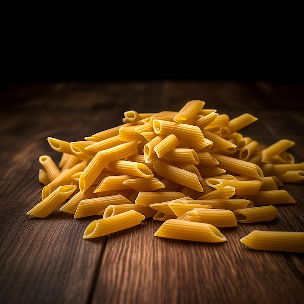 Penne di pasta cruda su sfondo di legno scuro AI generato