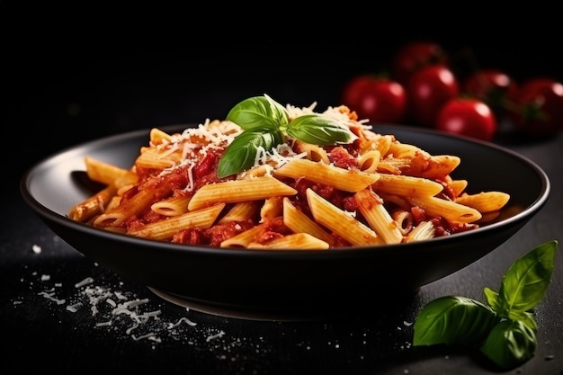 Penne tradizionali italiane con salsa piccante all'arrabbiata condita con basilico e parmigiano appena grattugiato